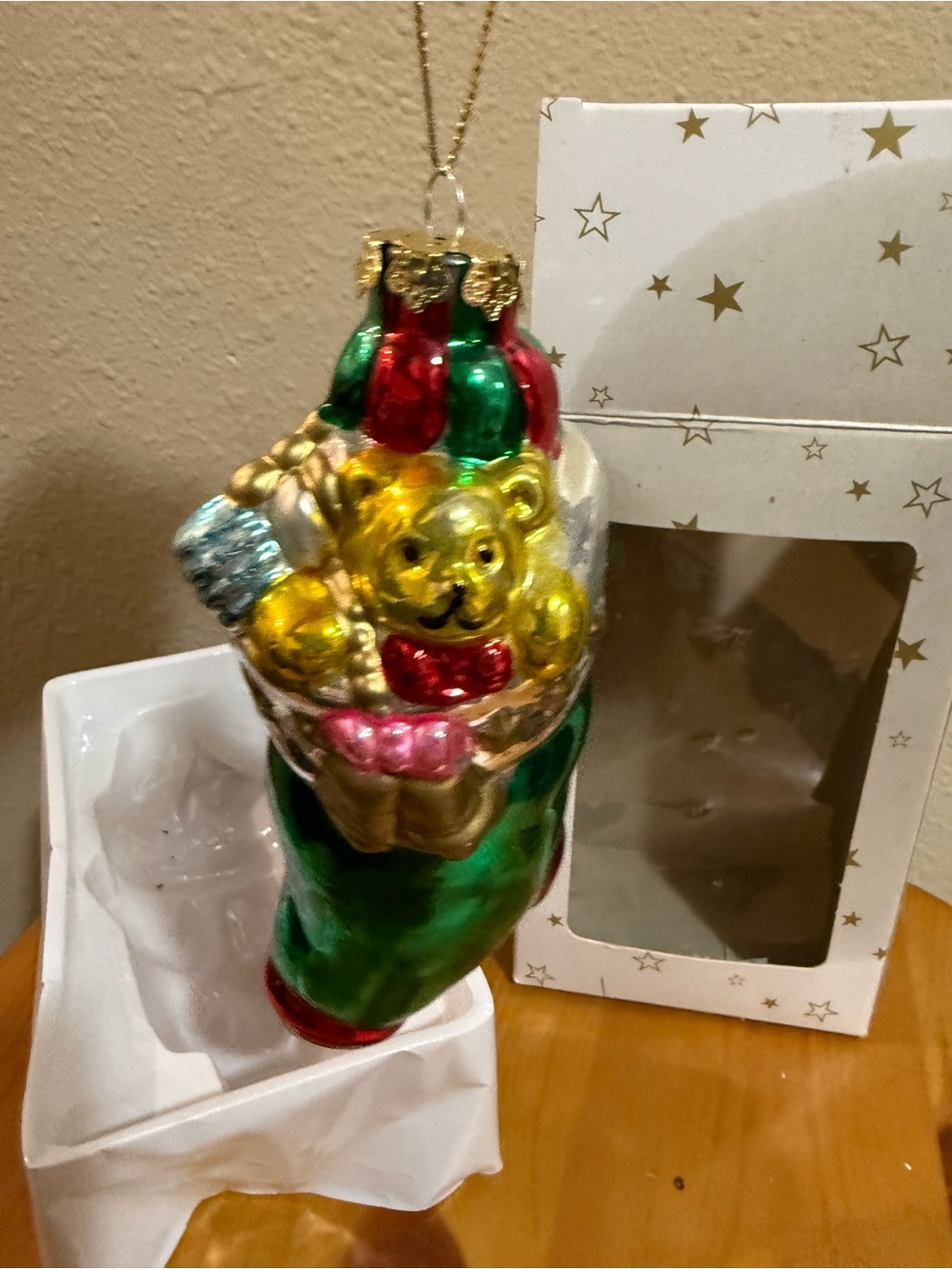 Vtg Lrg Mercury Hand-Painted Glass Bear in Green Stocking Holiday Ornament box